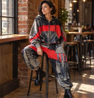 Komplet damski kurtka z kapturem i spodnie haremki, patchwork vintage - modelka w komplecie w kawiarni / przy ceglanej ścianie, miękkie światło dzienne