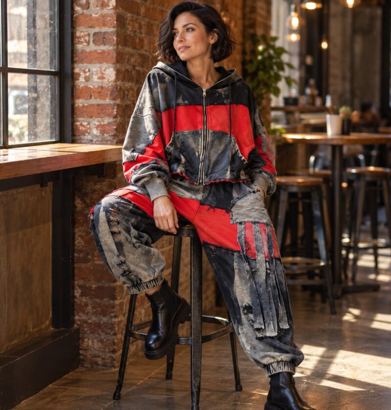 Komplet damski kurtka z kapturem i spodnie haremki, patchwork vintage - modelka w komplecie w kawiarni / przy ceglanej ścianie, miękkie światło dzienne