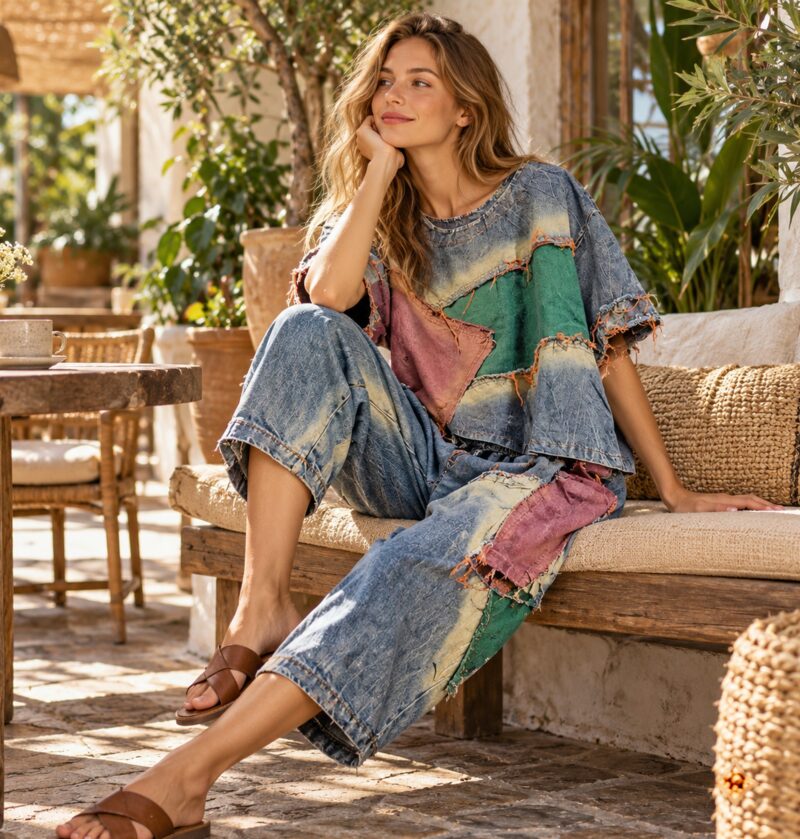 Komplet damski patchwork koszulka i spodnie haremki, sprane łaty - modelka w komplecie różowo-zielonym na tarasie kawiarni w stylu boho