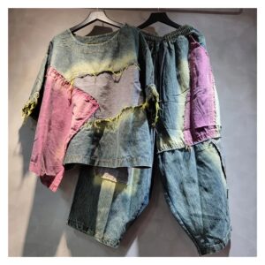 Komplet damski patchwork koszulka i spodnie haremki, sprane łaty - wariant różowo-fioletowy, XL