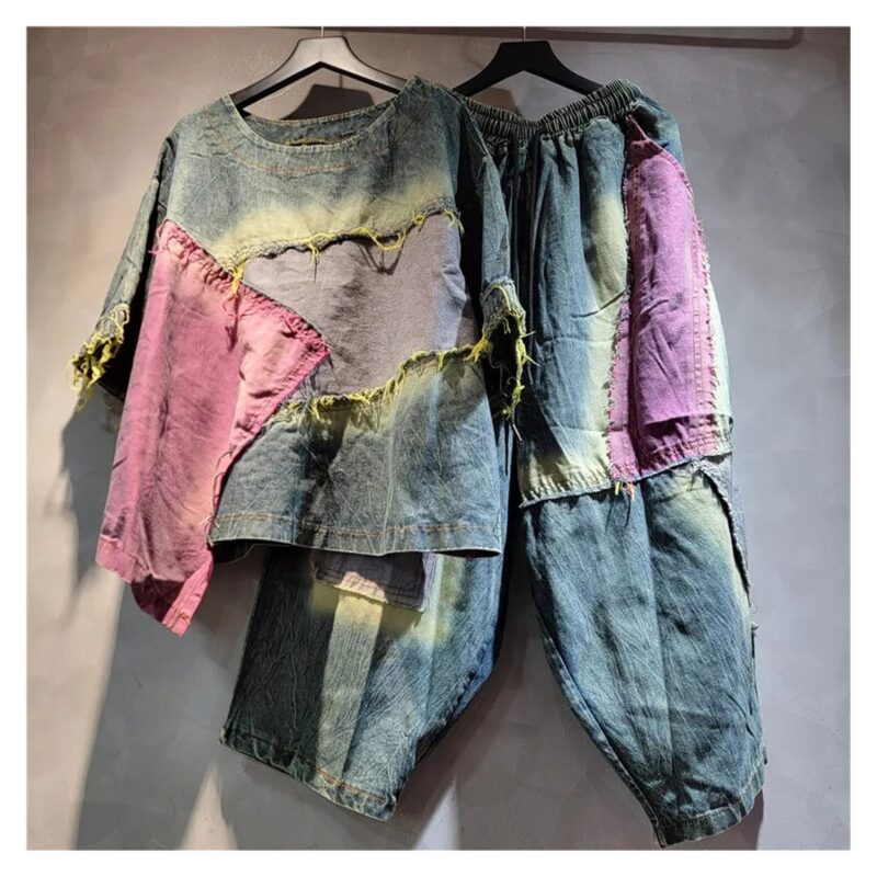 Komplet damski patchwork koszulka i spodnie haremki, sprane łaty - wariant różowo-fioletowy, XL