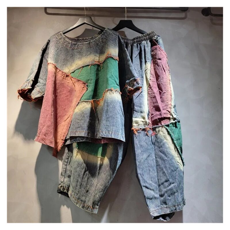 Komplet damski patchwork koszulka i spodnie haremki, sprane łaty - wariant różowo-zielony, M