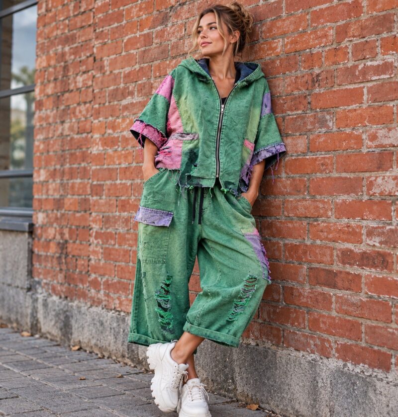 Komplet damski patchwork, kurtka z kapturem i szerokie spodnie - sesja miejska: modelka w zielonym komplecie, ceglany mur, sneakersy na grubej podeszwie, usunięte logo