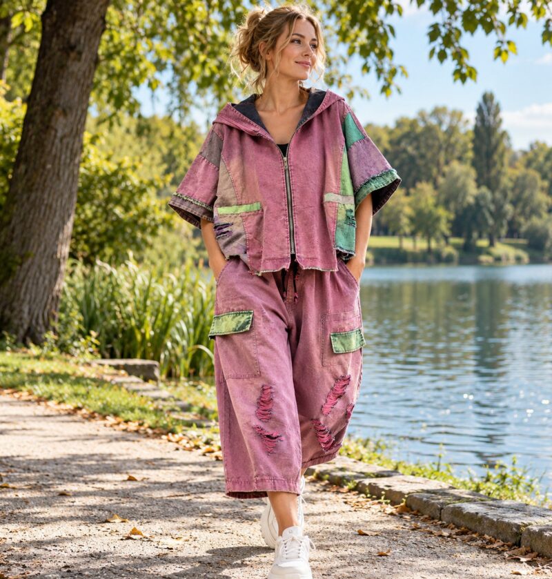 Komplet damski patchwork, kurtka z kapturem i szerokie spodnie - modelka w różowym komplecie w parku nad jeziorem
