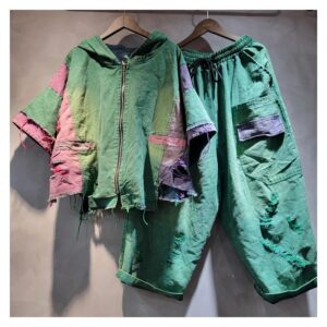 Komplet damski patchwork, kurtka z kapturem i szerokie spodnie - wariant zielony, M