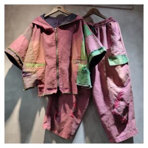 Komplet damski patchwork, kurtka z kapturem i szerokie spodnie - wariant różowy, XL