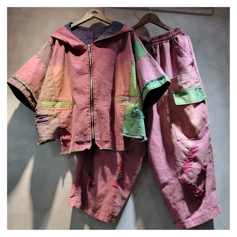 Komplet damski patchwork, kurtka z kapturem i szerokie spodnie - wariant różowy, XL