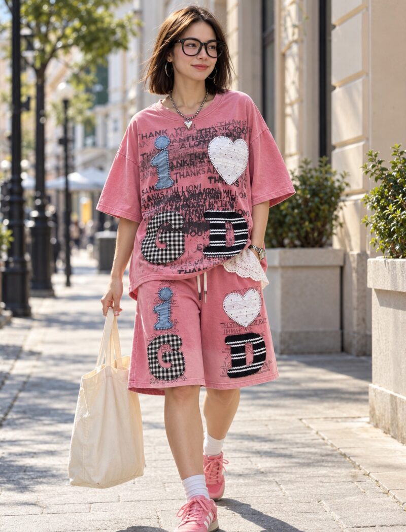 Komplet damski T-shirt oversize i szorty z aplikacjami, sprany efekt - modelka w różowym komplecie na słonecznej miejskiej ulicy