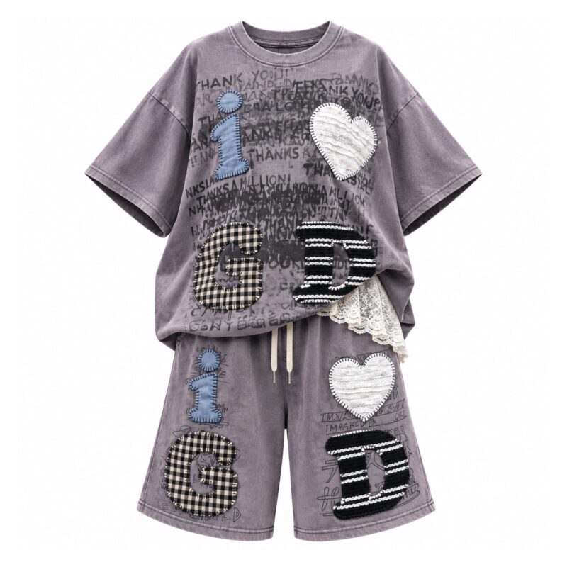 Komplet damski T-shirt oversize i szorty z aplikacjami, sprany efekt - wariant szary, L