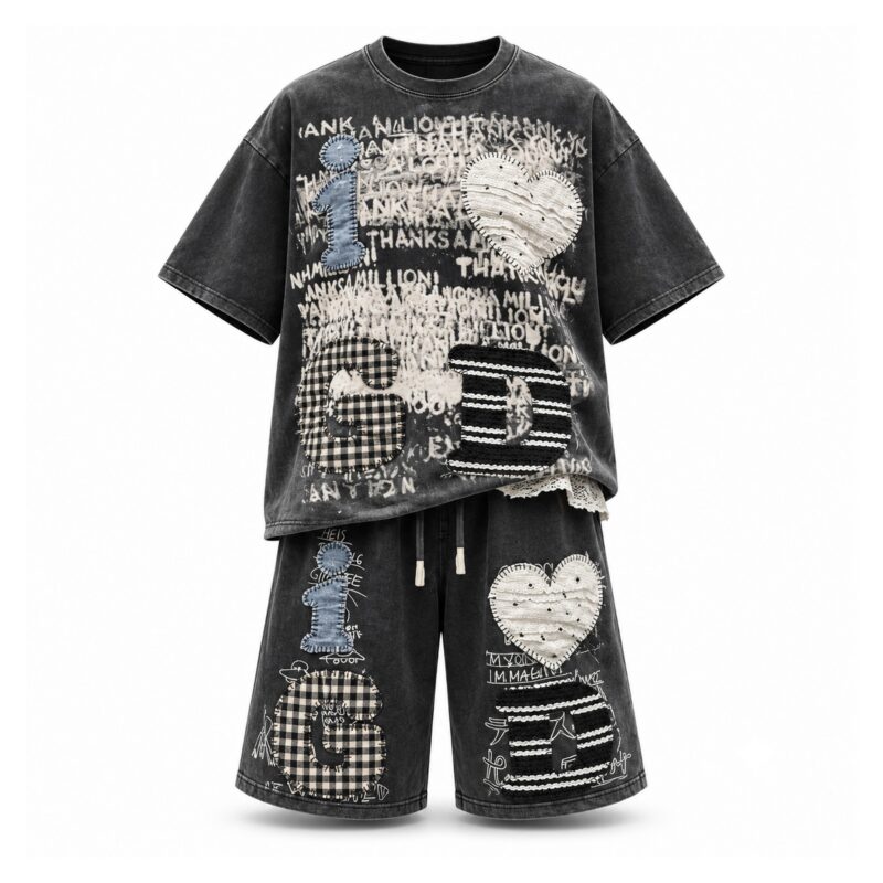 Komplet damski T-shirt oversize i szorty z aplikacjami, sprany efekt - wariant czarny, L