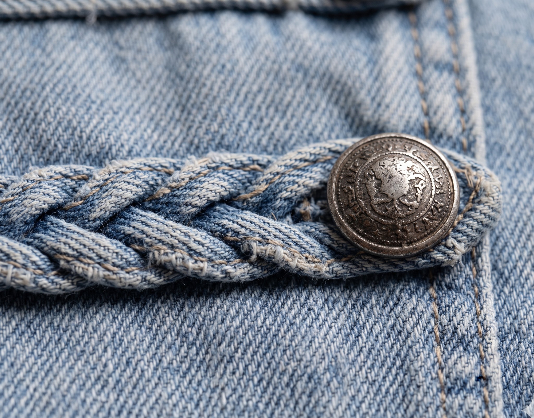 makro zbliżenie faktury jasnego denimu z jednym lampasem i metalowym guzikiem, bez tła z napisami