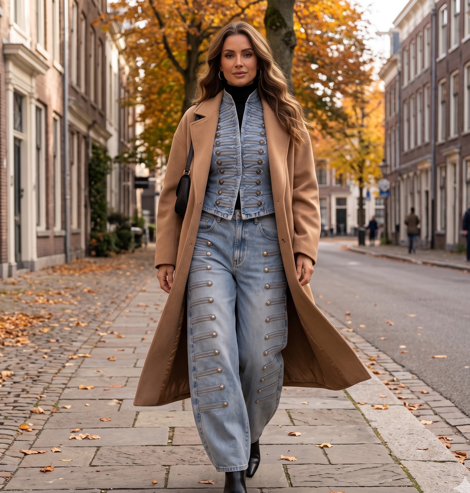 modelka w komplecie idąca miejską ulicą jesienią, czarne botki, bez napisów w tle