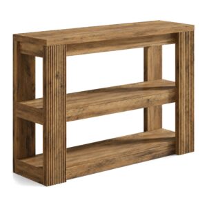 Konsola z 2 półkami 105 x 30 x 80 cm, ryflowane boki, rustykalne drewno - konsola lekko z boku na białym tle, puste półki