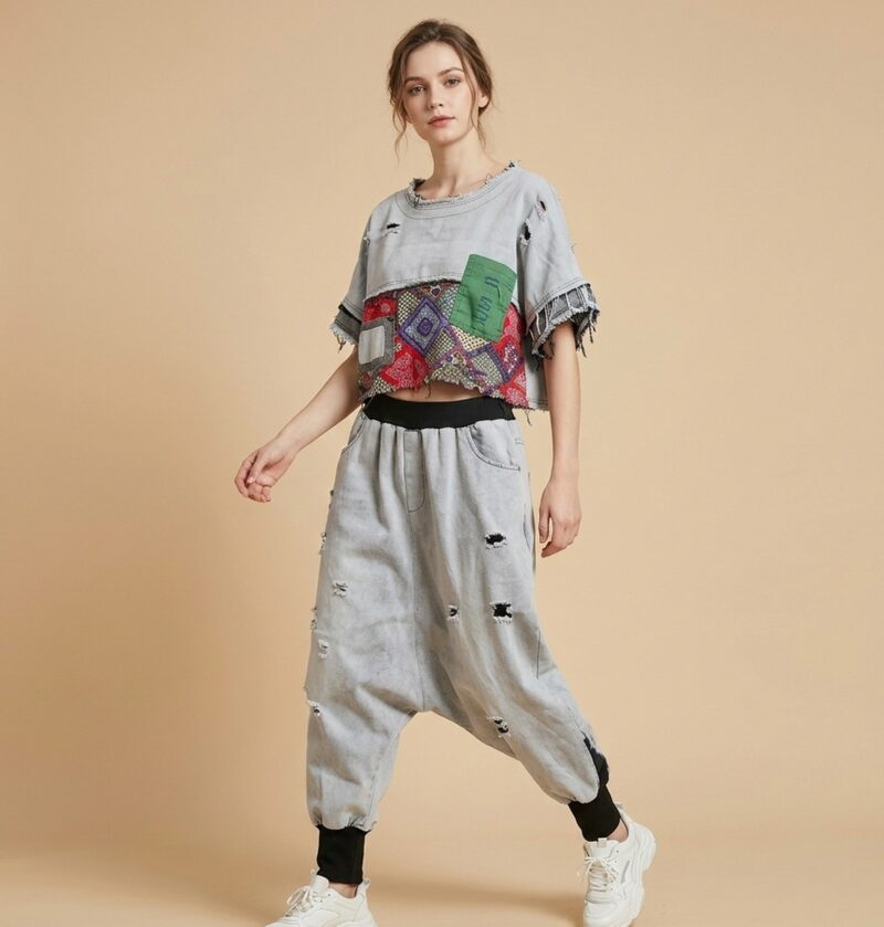 Koszulka damska z patchworkiem i spodnie haremki, jasnoszare, dziury - studio z tłem w kolorze piasku, modelka w komplecie (ref g00)