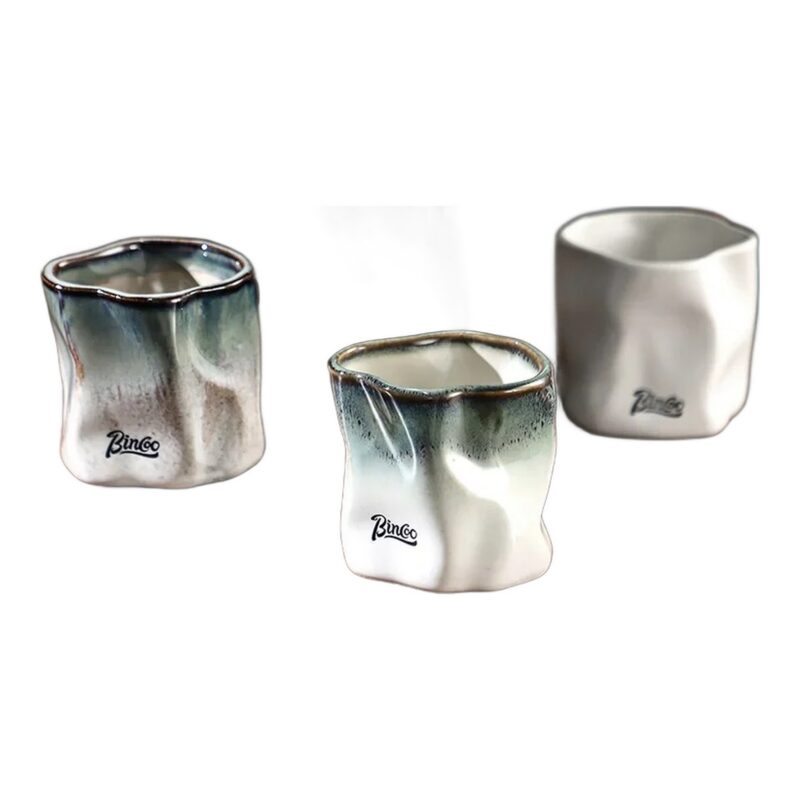 Kubek ceramiczny Bincoo 180 ml bez ucha, nieregularny kształt, do kawy - cztery kolory kubków obok siebie