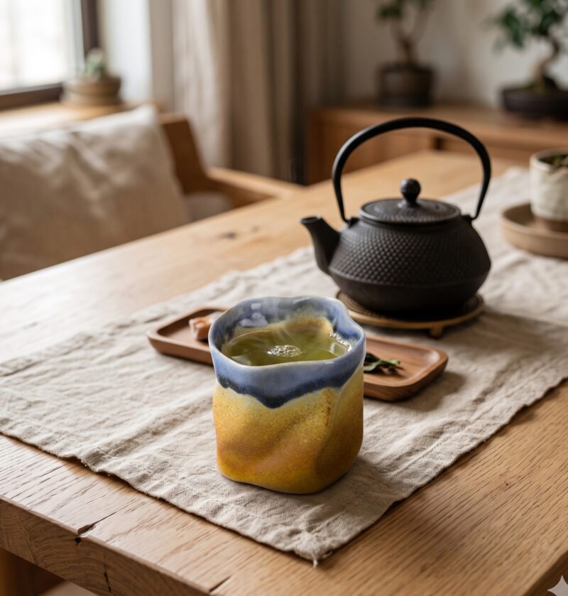 Kubek ceramiczny nieregularny bez ucha 280 ml, styl japoński, rustykalny - cztery kubki na lnianym obrusie z ziarnami kawy