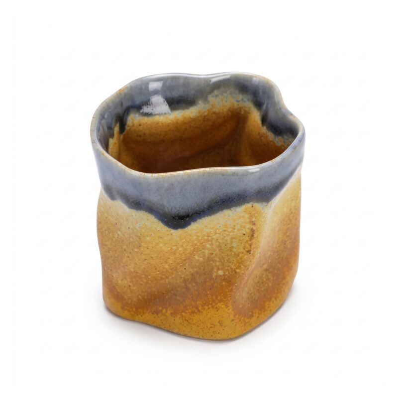 Kubek ceramiczny nieregularny bez ucha 280 ml, styl japoński, rustykalny - wariant niebiesko-musztardowy