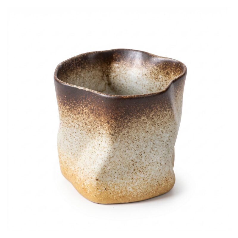 Kubek ceramiczny nieregularny bez ucha 280 ml, styl japoński, rustykalny - wariant kremowo-brązowy