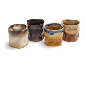Kubek ceramiczny nieregularny bez ucha 280 ml, styl japoński, rustykalny - cztery kolory kubków obok siebie
