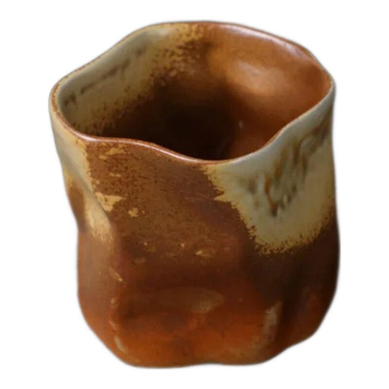 Kubek ceramiczny nieregularny bez ucha 280 ml, styl japoński, rustykalny - kubek rdzawobrązowy, widok z boku