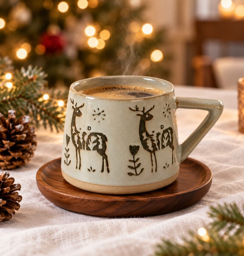 Kubek ceramiczny świąteczny retro 350 ml, jelenie, śnieżynki lub las - kubek z kawą na świątecznym stole przy choince
