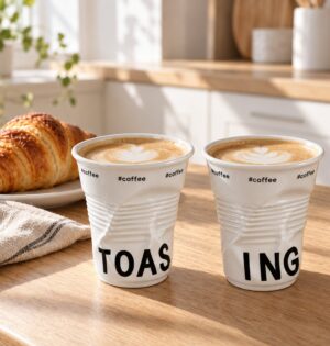 Kubek ceramiczny zgnieciony 200 ml, biały, do kawy i espresso - jasna kuchnia, poranna kawa przy oknie