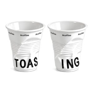 Kubek ceramiczny zgnieciony 200 ml, biały, do kawy i espresso - dwa kubki z literami z dwóch stron