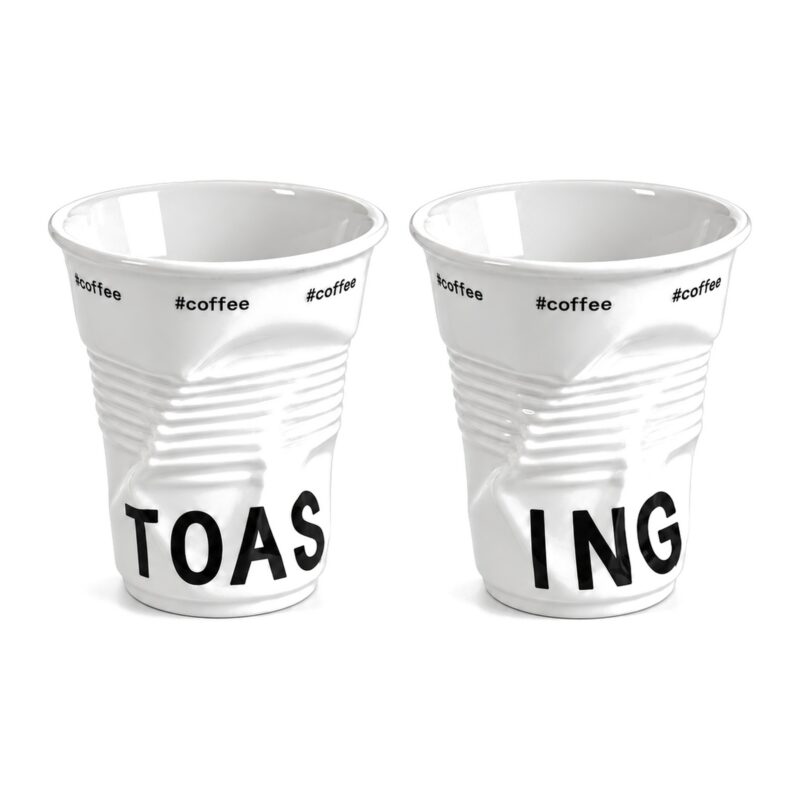 Kubek ceramiczny zgnieciony 200 ml, biały, do kawy i espresso - dwa kubki z literami z dwóch stron