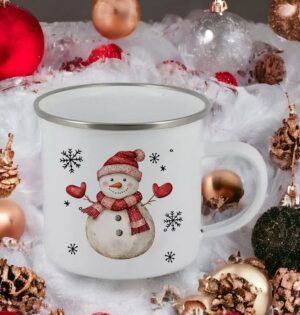 Kubek emaliowany świąteczny 360 ml z nadrukiem, bałwan, renifer, Mikołaj - kubek z bałwanem wśród bombek