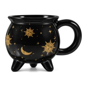Kubek ceramiczny w kształcie kociołka 350 ml, czarny ze złotymi gwiazdami - widok z boku, złote słońca i księżyc