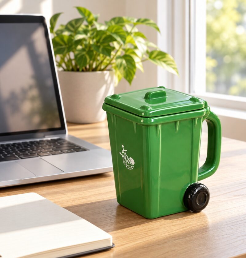 Kubek w kształcie kosza na śmieci 400 ml z pokrywką, ceramiczny - domowe biurko przy oknie z laptopem