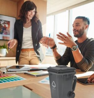 Kubek w kształcie kosza na śmieci 400 ml z pokrywką, ceramiczny - kubek na stole w biurze