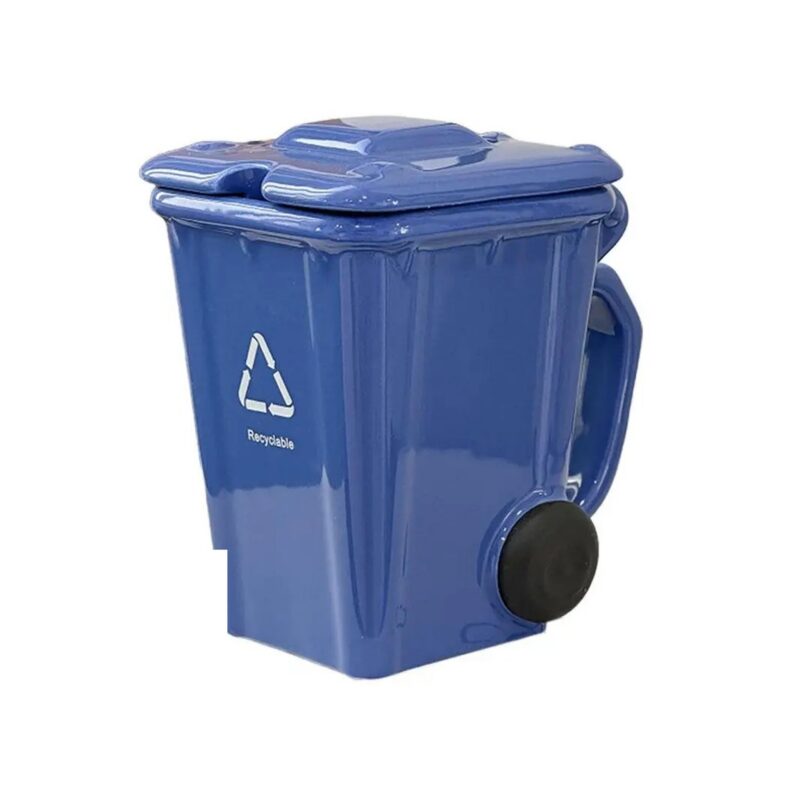 Kubek w kształcie kosza na śmieci 400 ml z pokrywką, ceramiczny - wariant niebieski