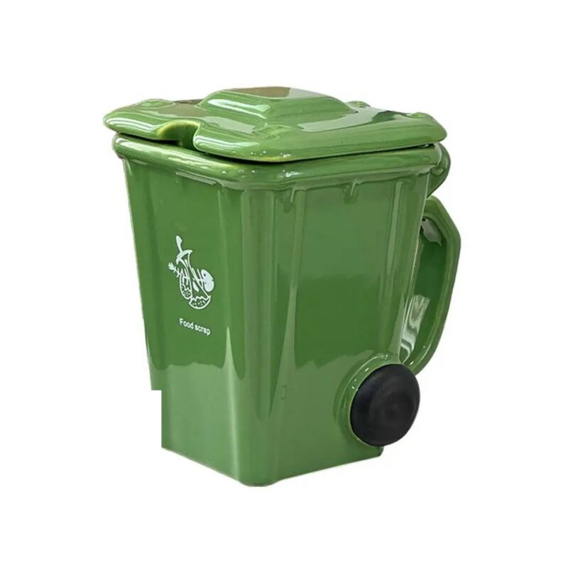 Kubek w kształcie kosza na śmieci 400 ml z pokrywką, ceramiczny - wariant zielony