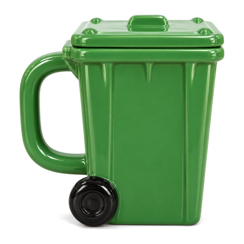 Kubek w kształcie kosza na śmieci 400 ml z pokrywką, ceramiczny - widok z boku z kółkiem i uchem