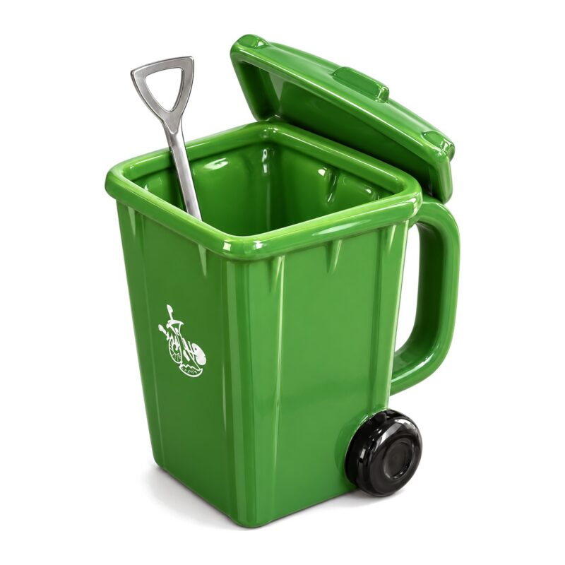 Kubek w kształcie kosza na śmieci 400 ml z pokrywką, ceramiczny - kubek z uniesioną pokrywką i łyżeczką-łopatką