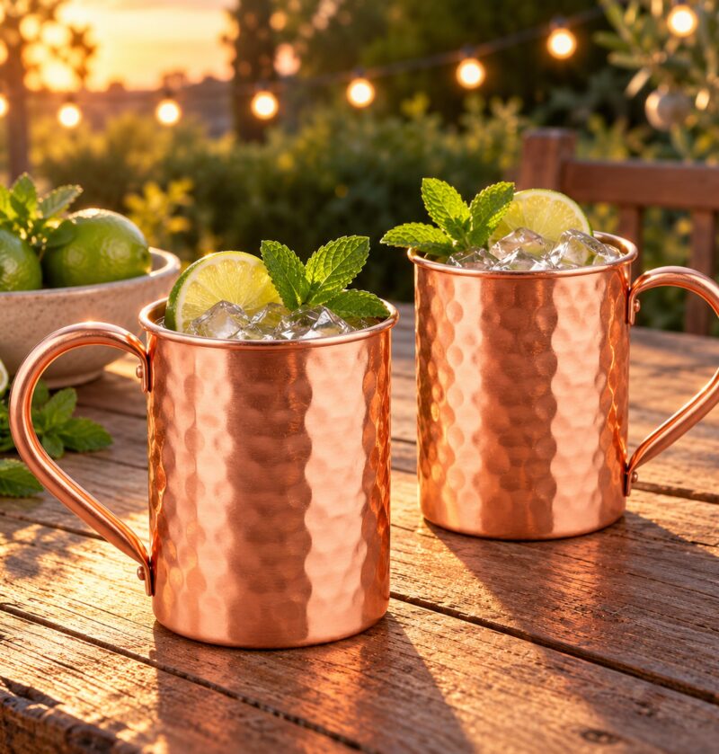 Kubek do Moscow Mule 400 ml, stal z miedzianą powłoką, młotkowany - drink na tarasie w letni wieczór