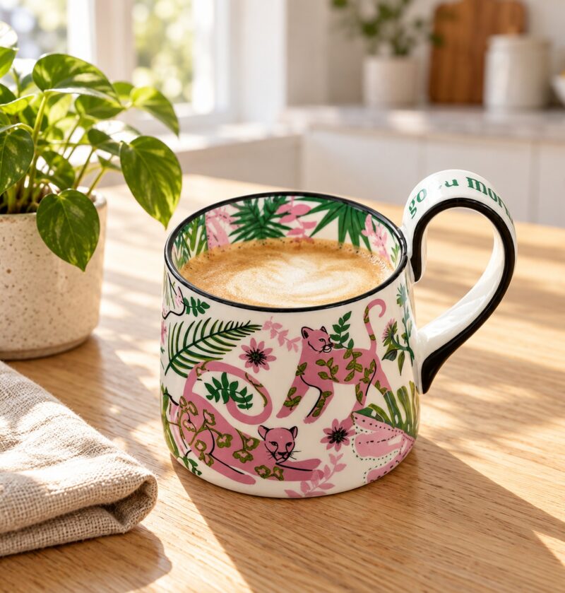 Kubek porcelanowy z różowymi panterami i liśćmi dżungli, ok. 450 ml - kubek na stole przy oknie w porannym słońcu