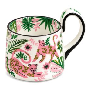 Kubek porcelanowy z różowymi panterami i liśćmi dżungli, ok. 450 ml - widok kubka z przodu, pantera i liście