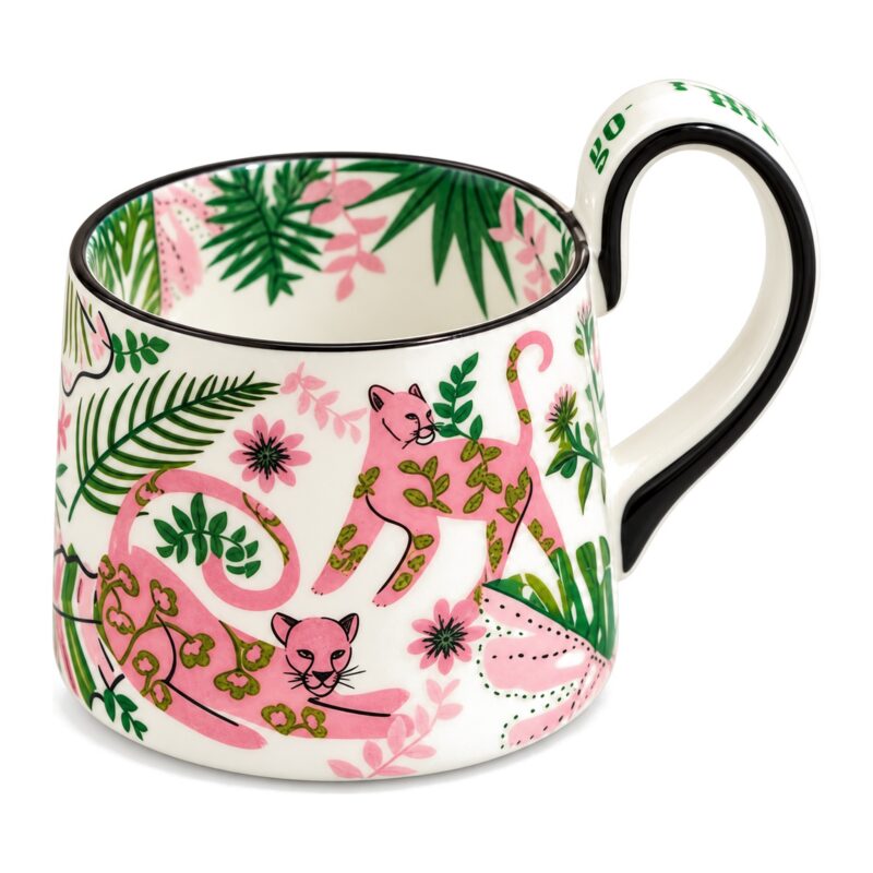 Kubek porcelanowy z różowymi panterami i liśćmi dżungli, ok. 450 ml - widok kubka z przodu, pantera i liście