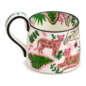 Kubek porcelanowy z różowymi panterami i liśćmi dżungli, ok. 450 ml - druga strona kubka z uchem po lewej