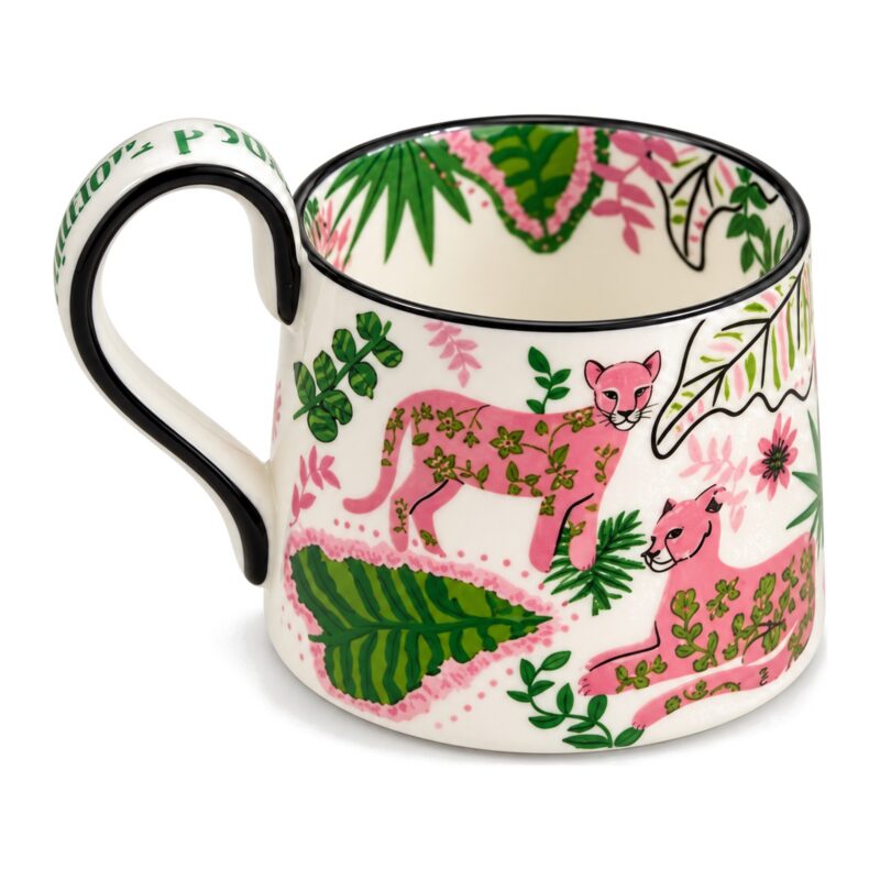 Kubek porcelanowy z różowymi panterami i liśćmi dżungli, ok. 450 ml - druga strona kubka z uchem po lewej