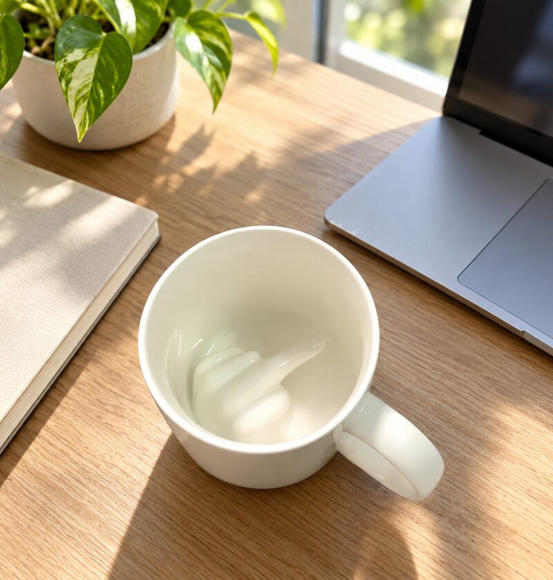 Kubek porcelanowy z ukrytą figurką dłoni w środku, biały, na prezent - biurko w biurze, kubek obok laptopa