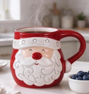 Kubek świąteczny Mikołaj 350 ml, ceramiczny z tłoczoną brodą - kubek z kawą w jasnej kuchni