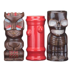 Kubek tiki ceramiczny do koktajli, wiele wzorów, 250-770 ml - trzy kubki tiki obok siebie