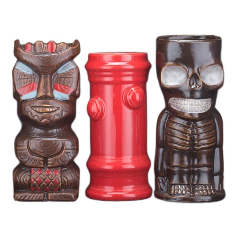 Kubek tiki ceramiczny do koktajli, wiele wzorów, 250-770 ml - trzy kubki tiki obok siebie