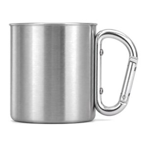 Kubek turystyczny ze stali nierdzewnej z karabińczykiem, ok. 300 ml - kubek leżący na boku, karabińczyk u góry