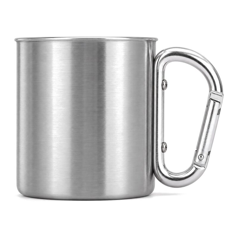 Kubek turystyczny ze stali nierdzewnej z karabińczykiem, ok. 300 ml - kubek leżący na boku, karabińczyk u góry