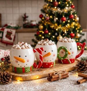 Kubki bałwanki ceramiczne 286 ml, zestaw 3 szt. do układania w stos - kubki na tacy przy choince