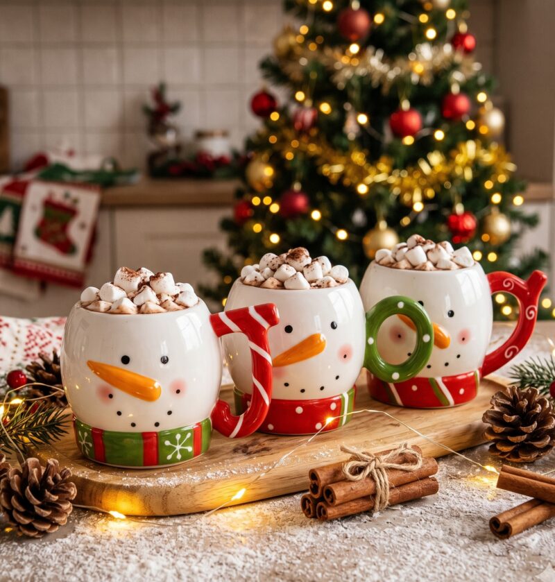 Kubki bałwanki ceramiczne 286 ml, zestaw 3 szt. do układania w stos - kubki na tacy przy choince